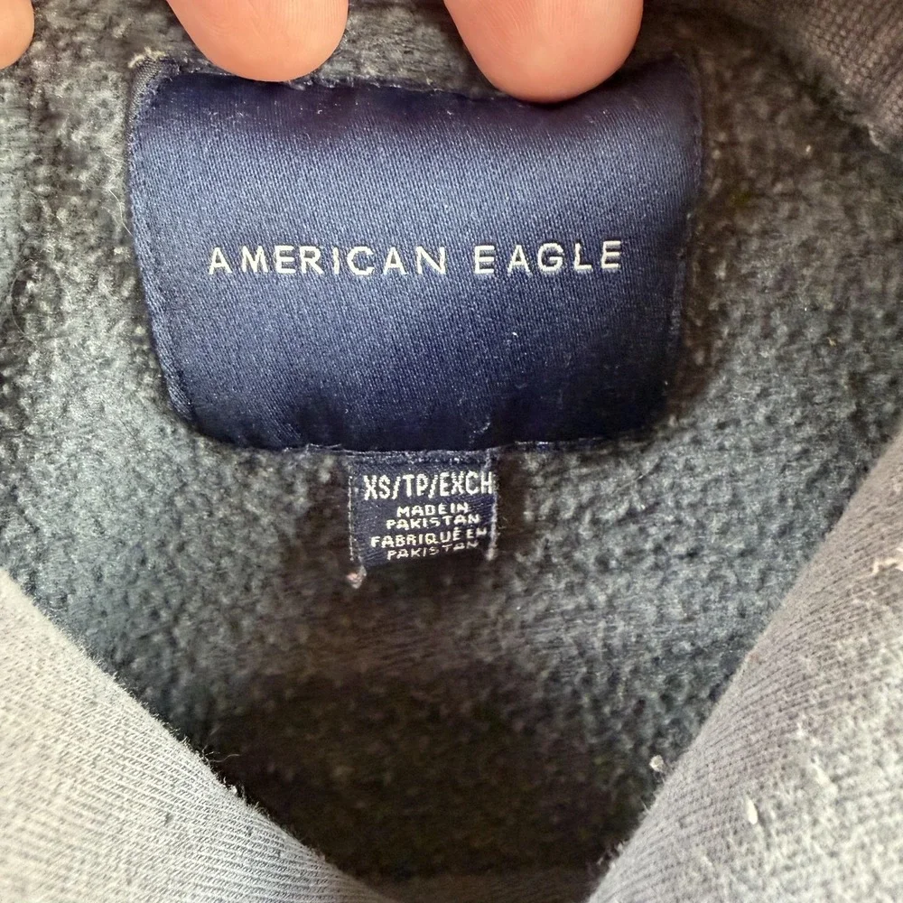 American Eagle Hoodie Mens XS Gray Fleece Pullover AE USA Globe Sweatshirt
